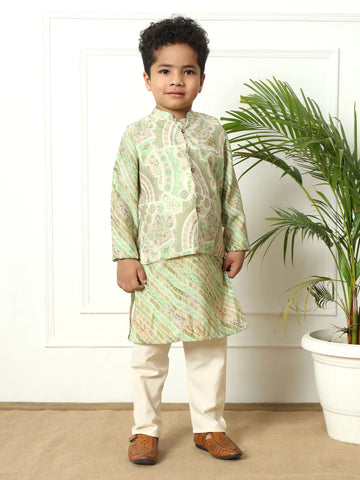 Boys straight style silk fabric olive color kurta and pyjama with nehru jacket
