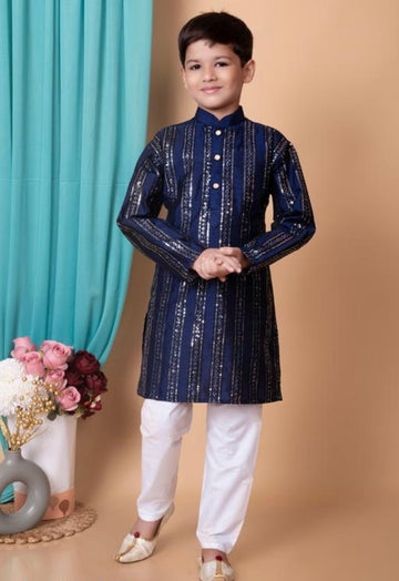 Navy blue heavy embroidery and mirror work festive boys kurta pajama set