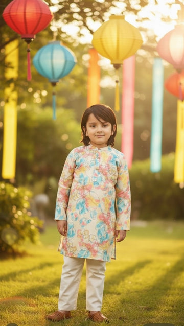 Boys straight style kota doria fabric multicolor color kurta and pyjama