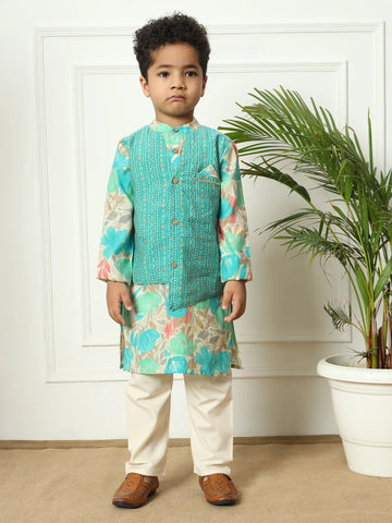 Boys straight style kota doria fabric navy teal color kurta pajama jacket set