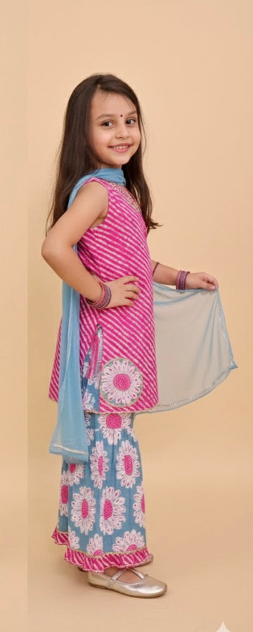 Girls leheriya sharara set with dupatta pink and teal