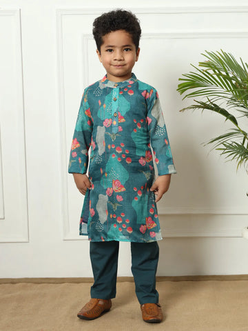 Boys kota doria fabric navy teal color kurta pyjama