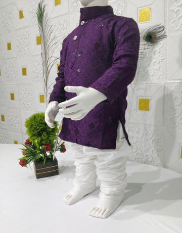Infant Boys lukhnawi kurta pajama set with mirror work - wine