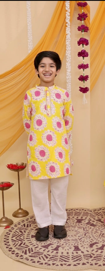 Boys floral kurta pajama set yellow