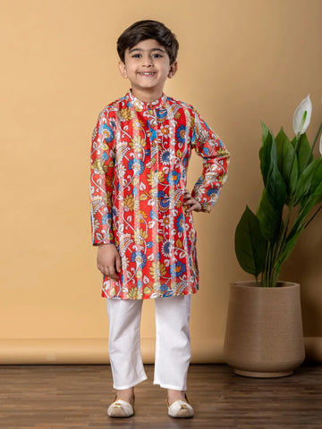 Boys straight style chanderi silk fabric red color kurta and pyjama