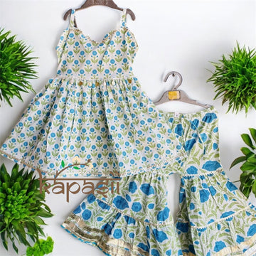 White and blue sharara set with shells work