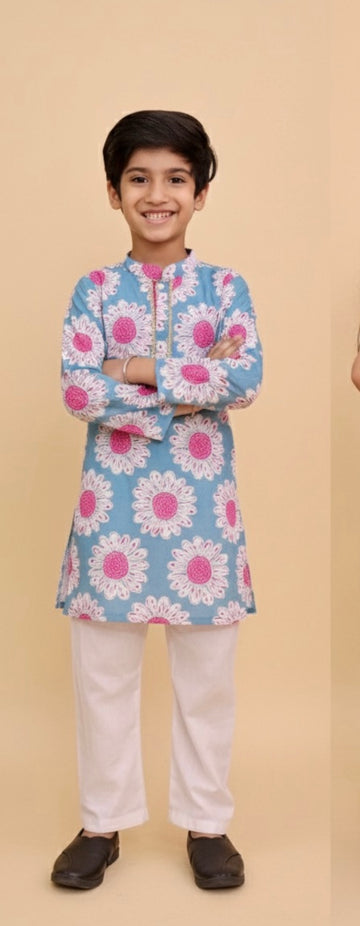 Boys floral kurta pajama set teal