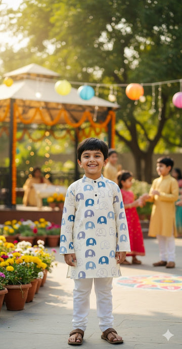 Utsav off white Kurta pajama set- blue and grey elephant