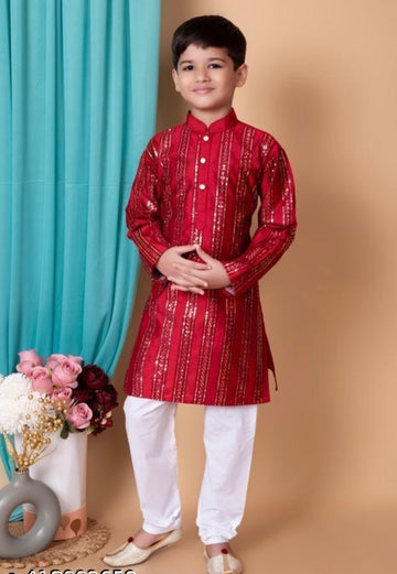 Red heavy embroidery and mirror work festive boys kurta pajama set