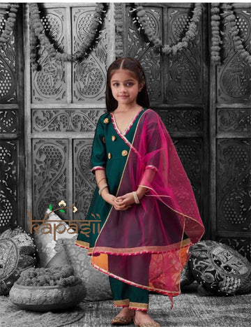 Green taffeta silk anarkali kurti set with dupatta