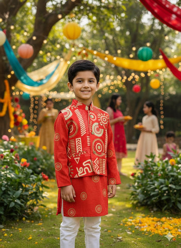 Utsav geometric print red colour kurta pajama jacket set