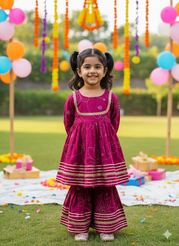 Girls wine kurti sharara with dupatta