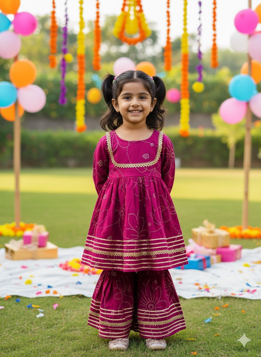 Girls wine kurti sharara with dupatta