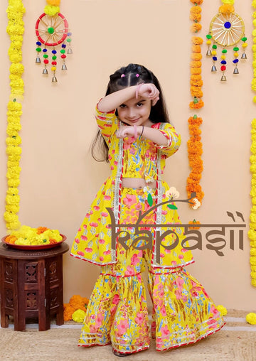Roshni printed crop top shrug and sharara set yellow