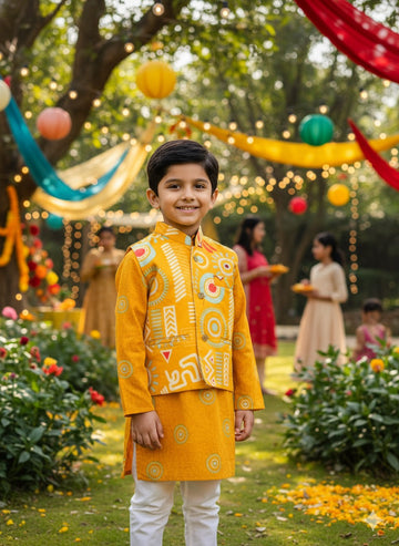Utsav geometric print yellow mustard colour kurta pajama jacket set
