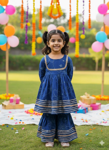 Girls deep blue kurti sharara with dupatta