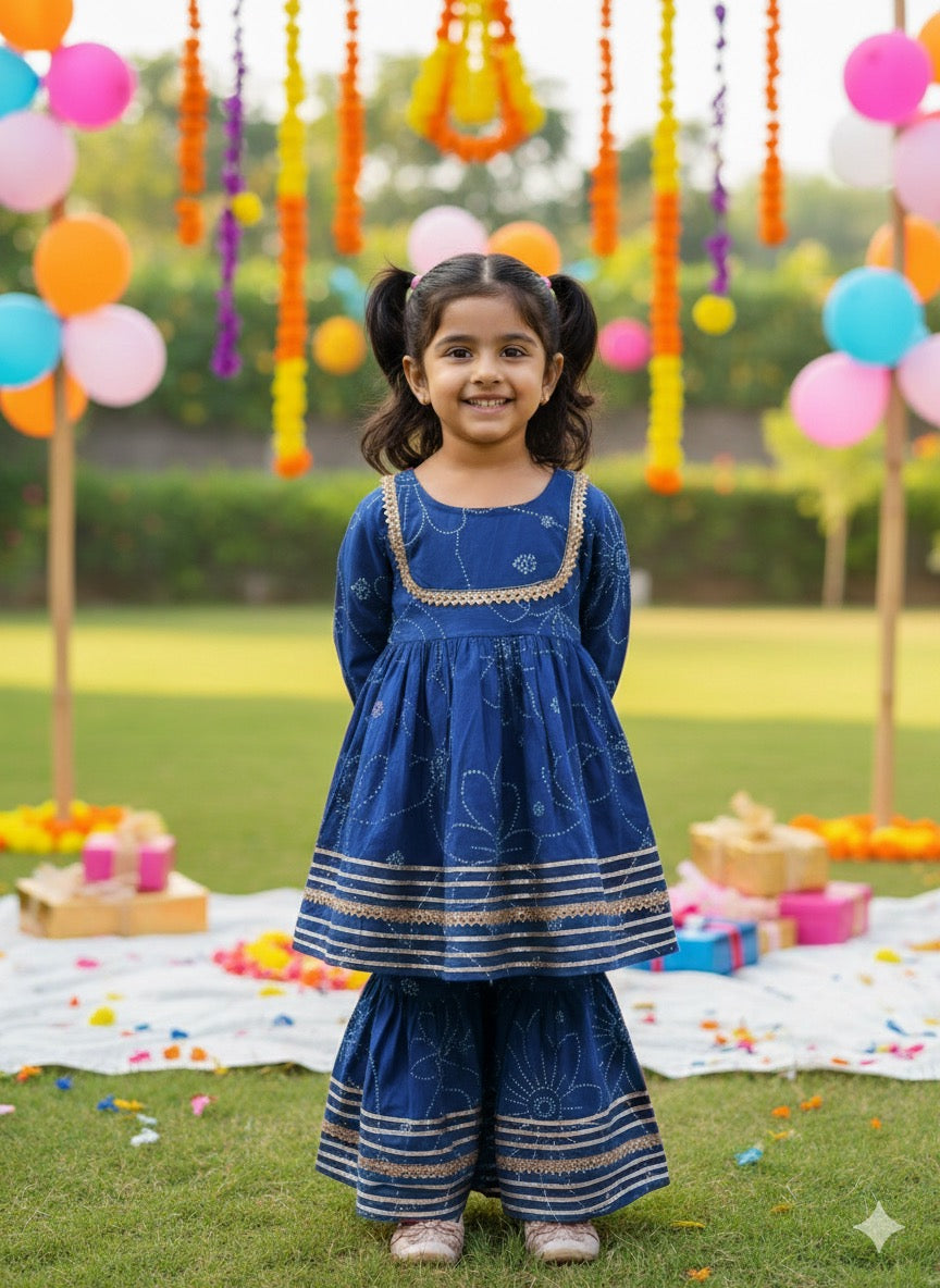Girls deep blue kurti sharara with dupatta