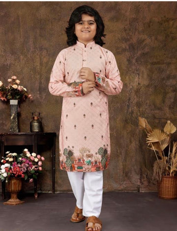 Boys embroidery kurta pajama set peach with fancy buttons
