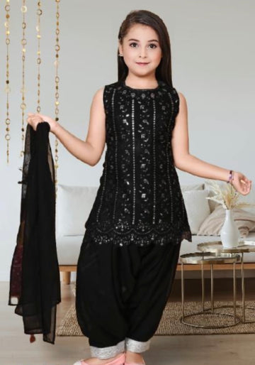 Girls patiala heavy work kurta dupatta set black
