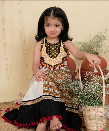 Ghoomar Festive Black Flaired Chaniya Choli for girls- beige and black
