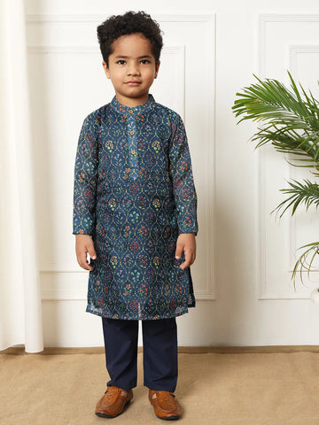 Boys kota doria fabric navy blue color kurta pyjama