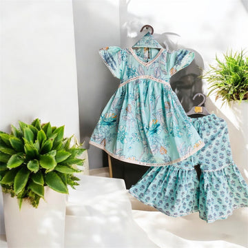 Baby blue peplum curve sleeves Sharara set with dupatta