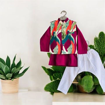Utsav jacket kurta pajama set burgandy abstract print