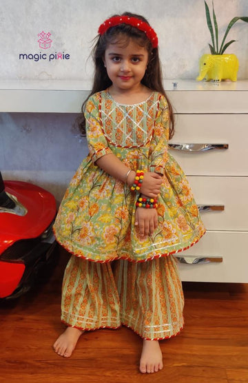 Green and yellow sharara set