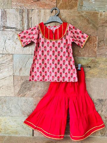 Carnation pink - Printed kurti and solid sharara