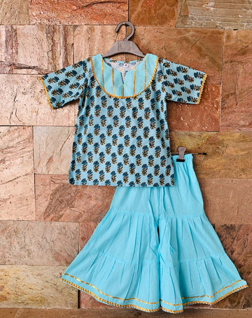 Dahlia blue - Printed kurti and solid sharara