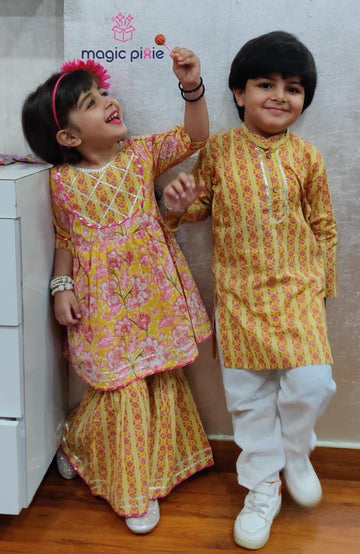 Yellow pink kurta pajama set