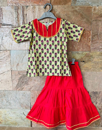Daisy green - Printed kurti and solid sharara ( sizes 6mo-9yrs)
