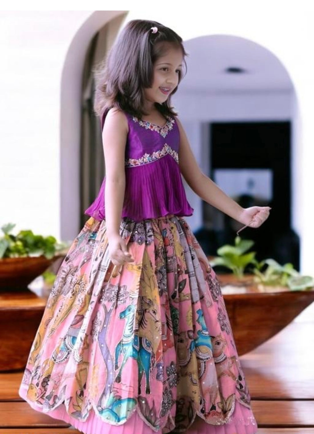 Designer pattu pavadai girls set pink and purple set