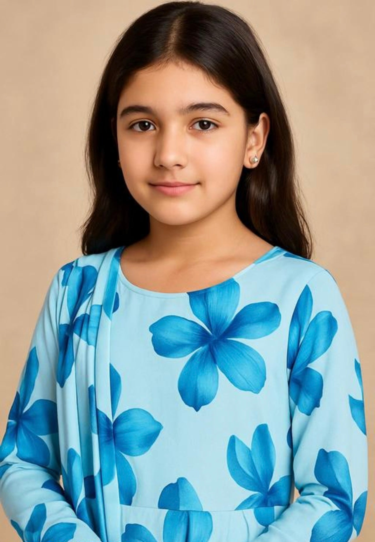 Girls georgette floral long gown with dupatta set- sky blue and white
