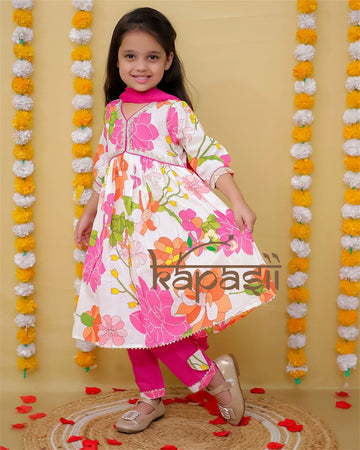 Roshni flower printed white anarkali with pant and dupatta