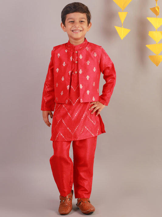 Mehfil silk red kurta pajama jacket set