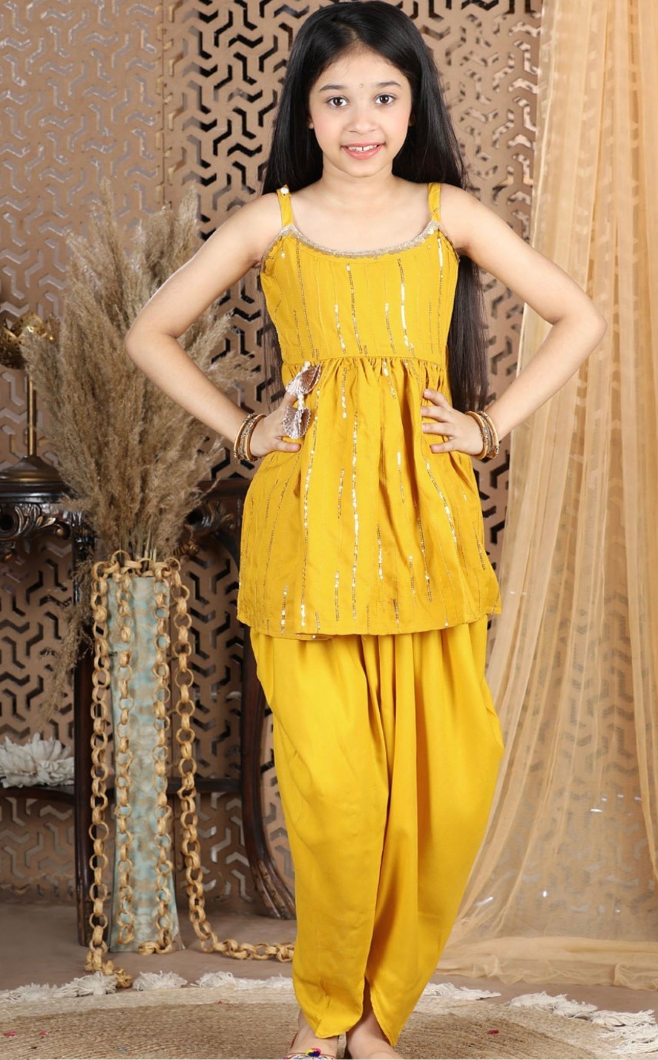 Haldi dhoti and top set with shimmer and shine