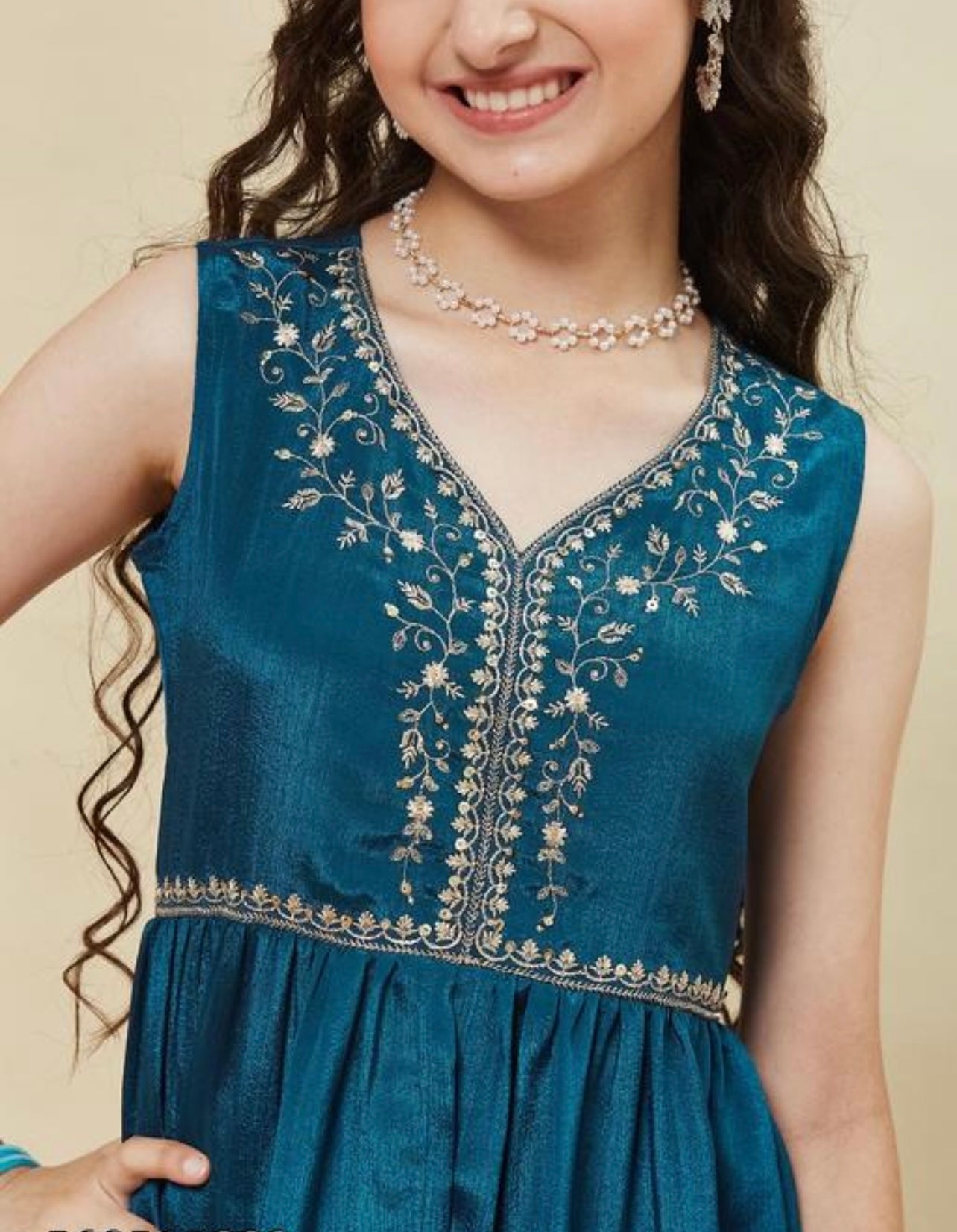 Girls festive sleeveless poly chinon top with Sharara set teal