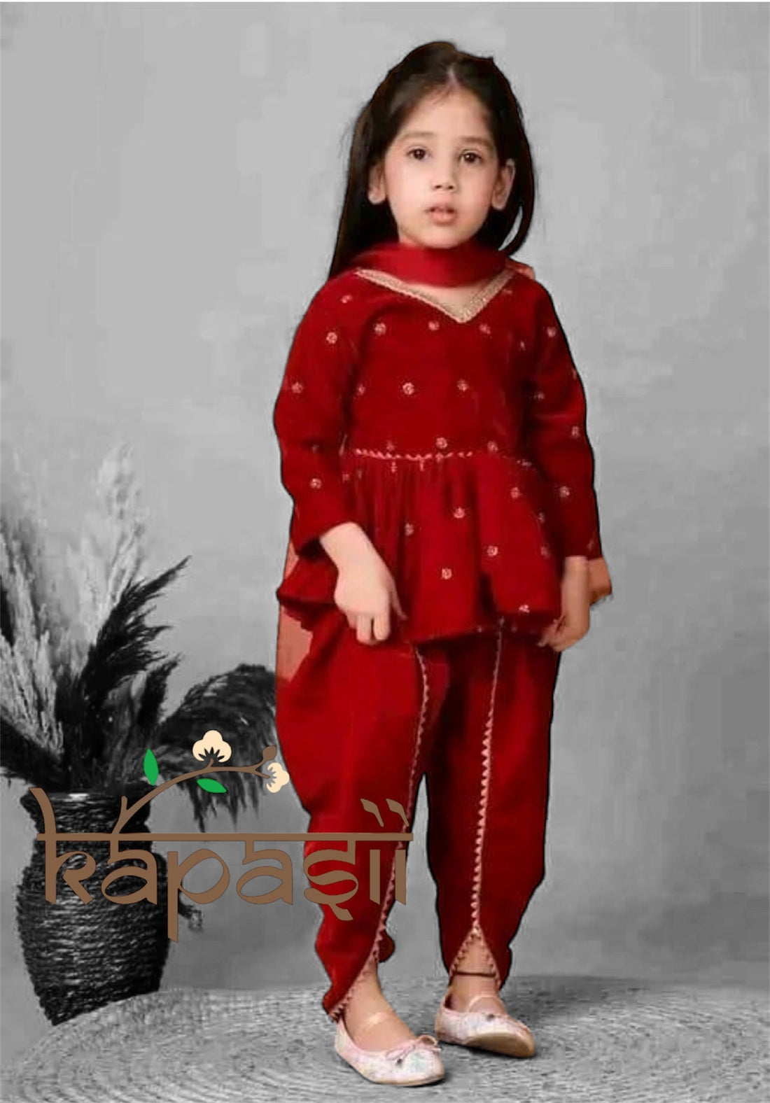 Baby Girls sequin dhoti sets velvet maroon red