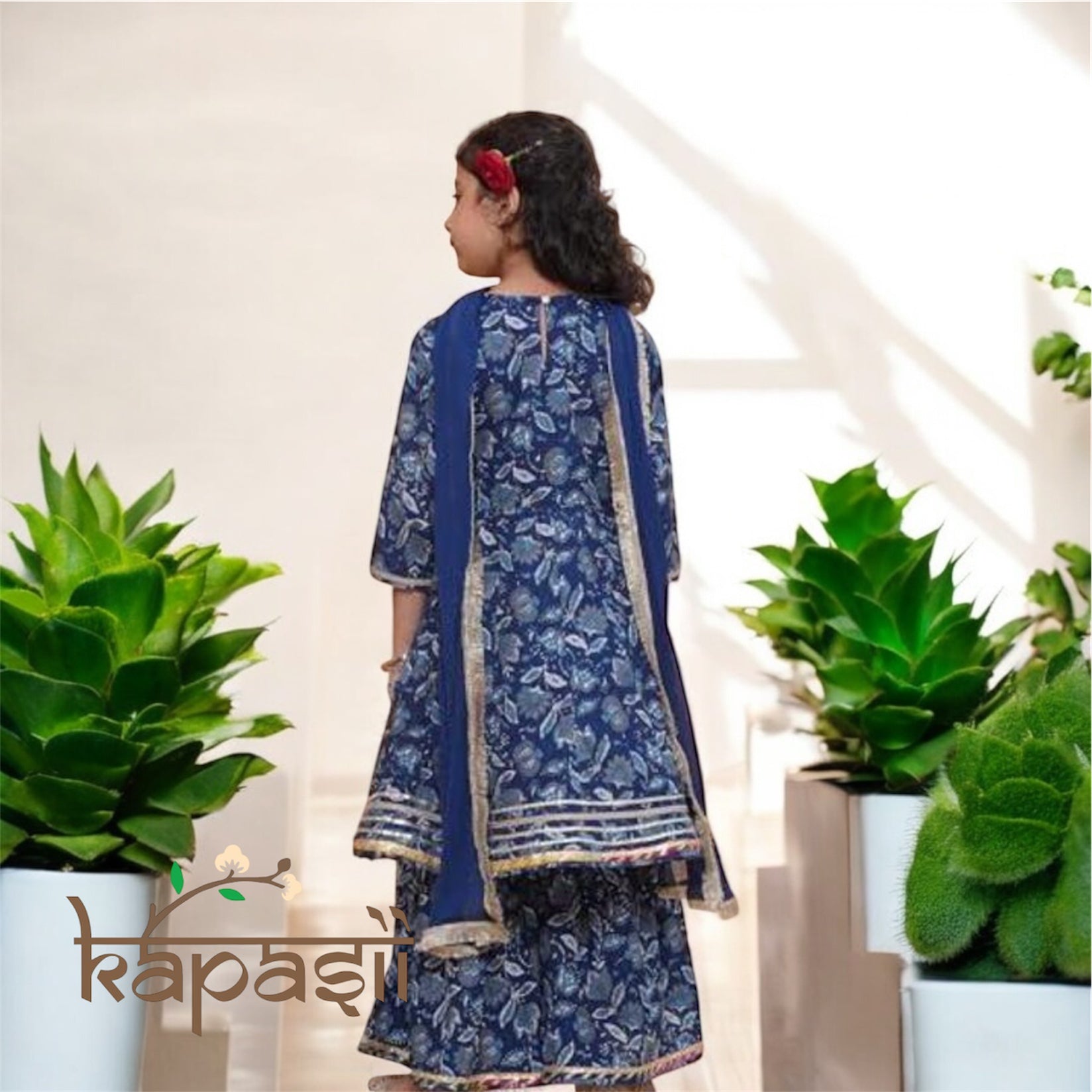 Girls blue anarkali Sharara set with blaze neckline and dupatta