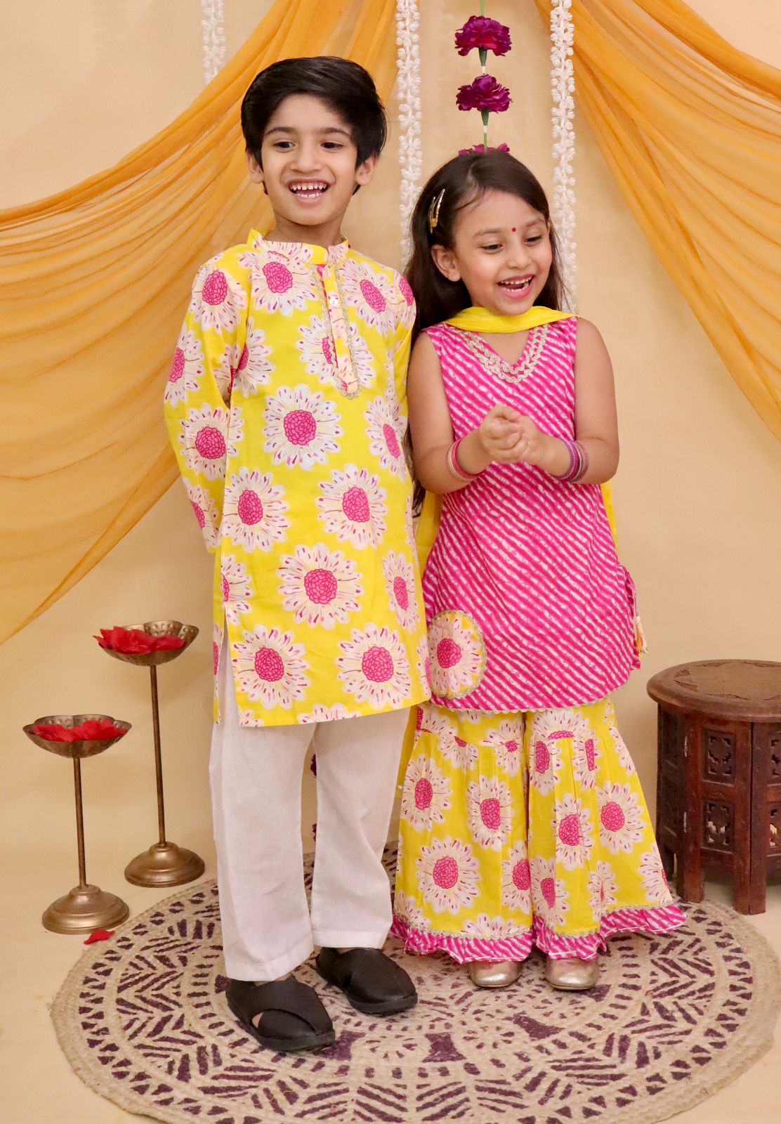 Boys floral kurta pajama set yellow