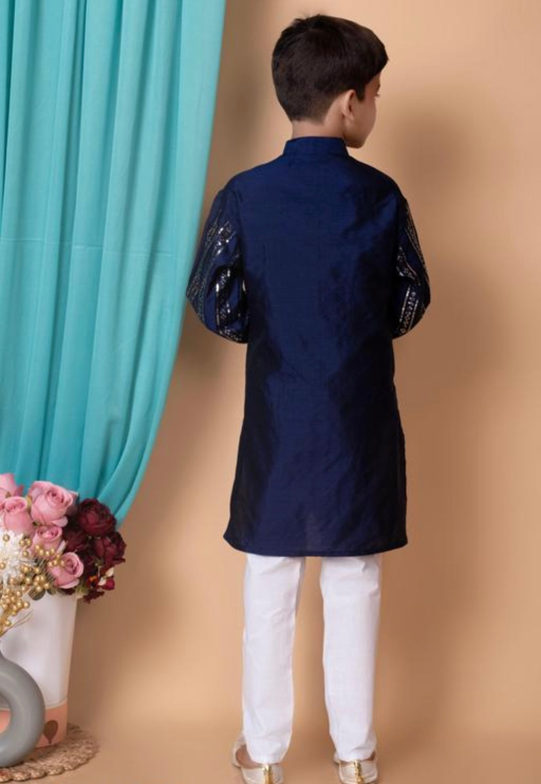 Navy blue heavy embroidery and mirror work festive boys kurta pajama set