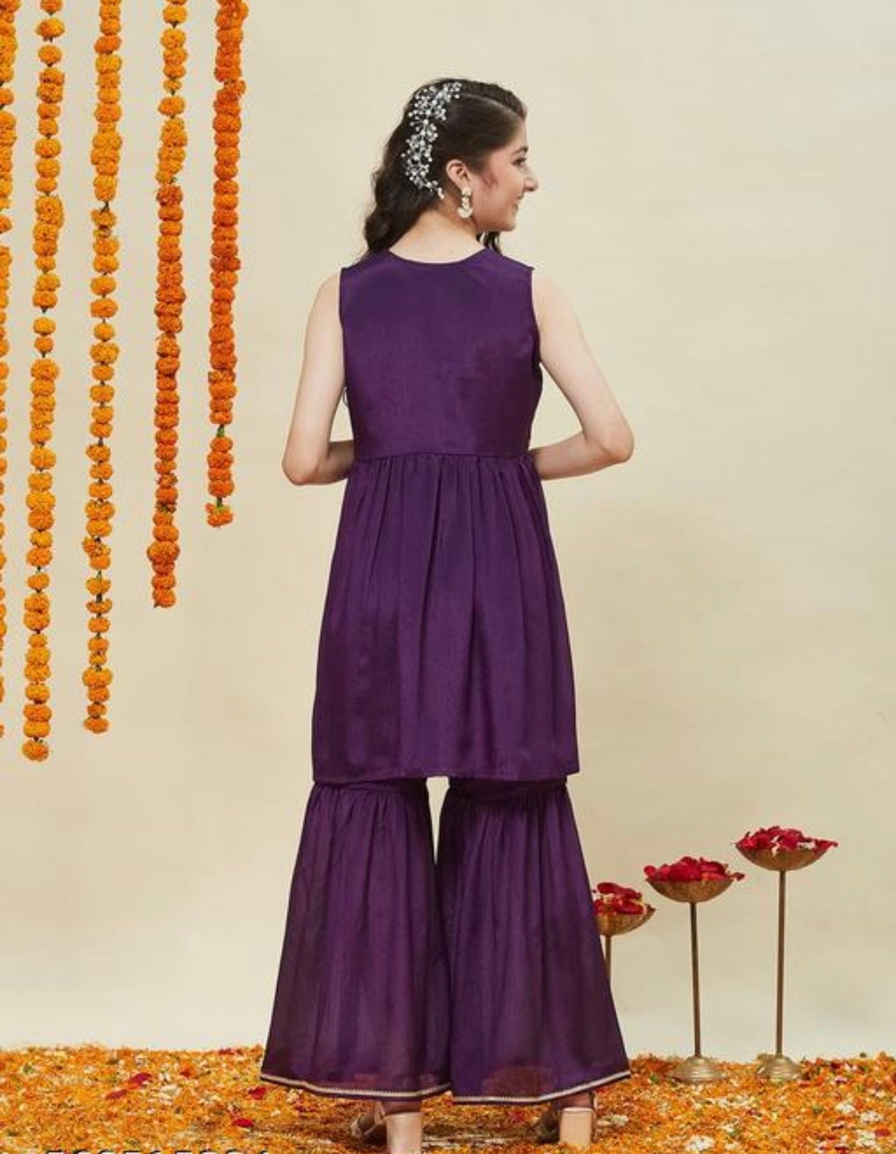 Girls festive sleeveless poly chinon top with Sharara set violet