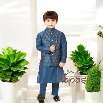 Boys kurta pajama jacket set - brocade semi silk