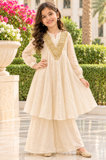 Mul chanderi kurta plazzo set - ivory