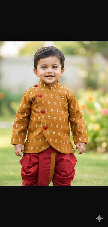 Utsav elegant jacket dhoti set- maroon and brown