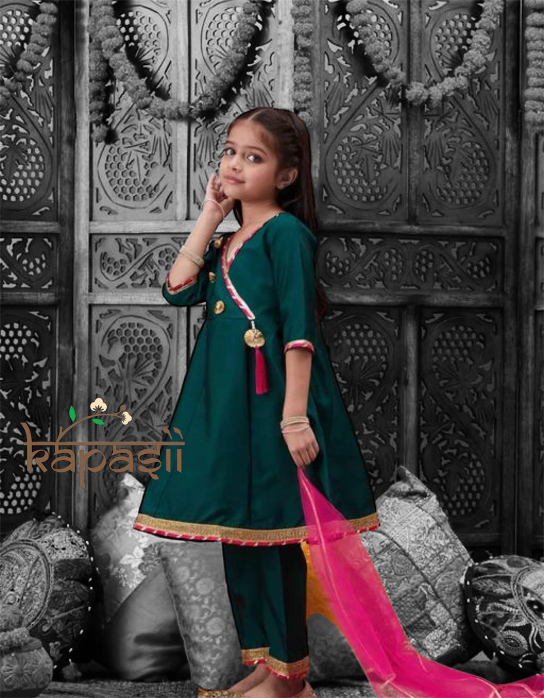 Green taffeta silk anarkali kurti set with dupatta