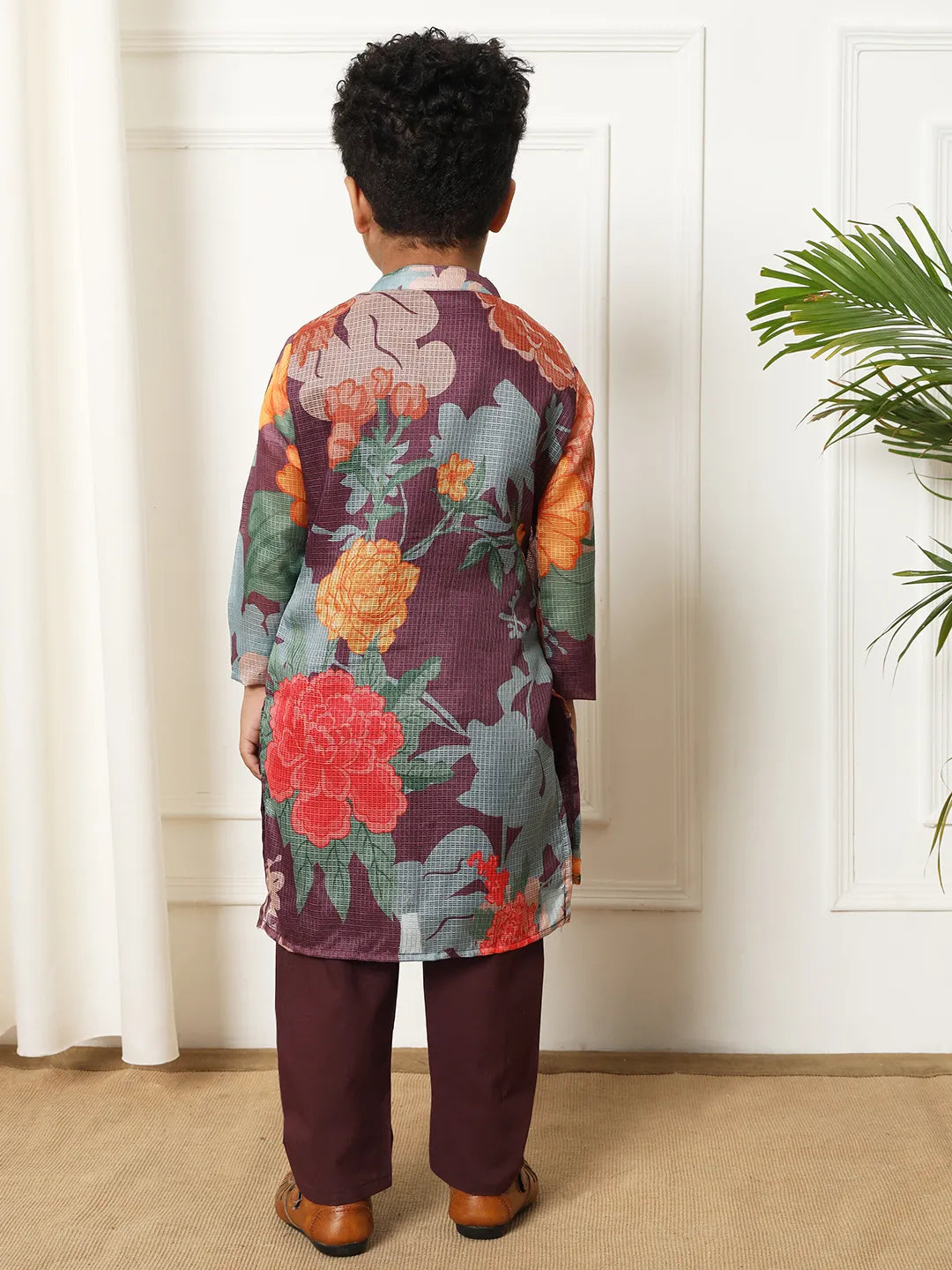Boys kota doria wine colour kurta pajama set