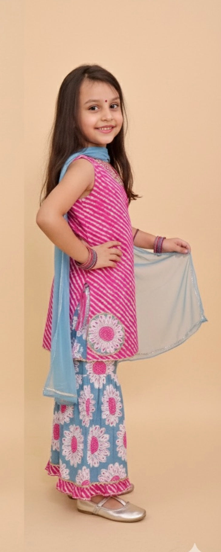 Girls leheriya sharara set with dupatta pink and teal