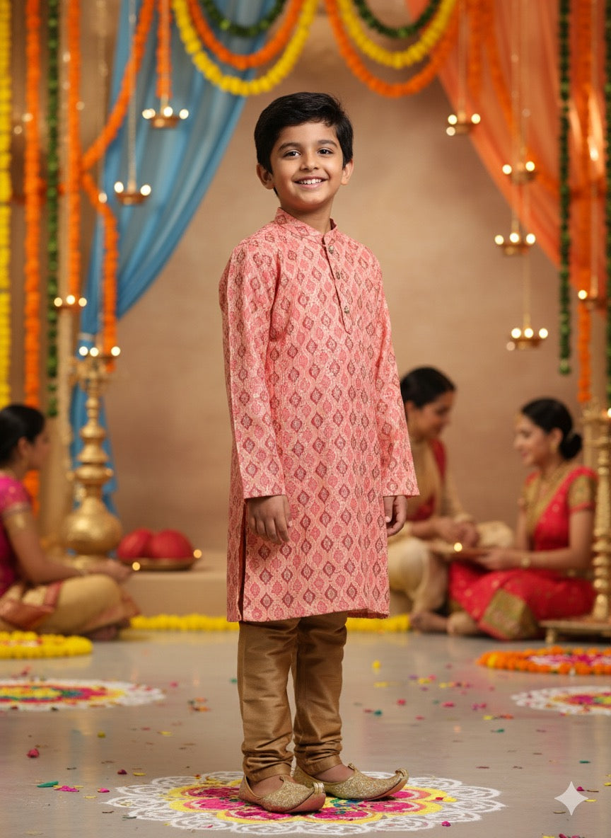 Peach sherwani with zardosi work and gold pajama